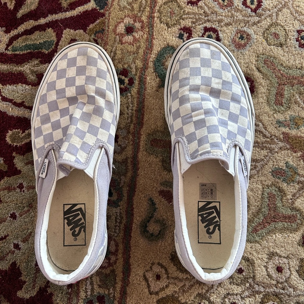 Vans Slip-On Checkerboard Sneakers — Light Purple and White